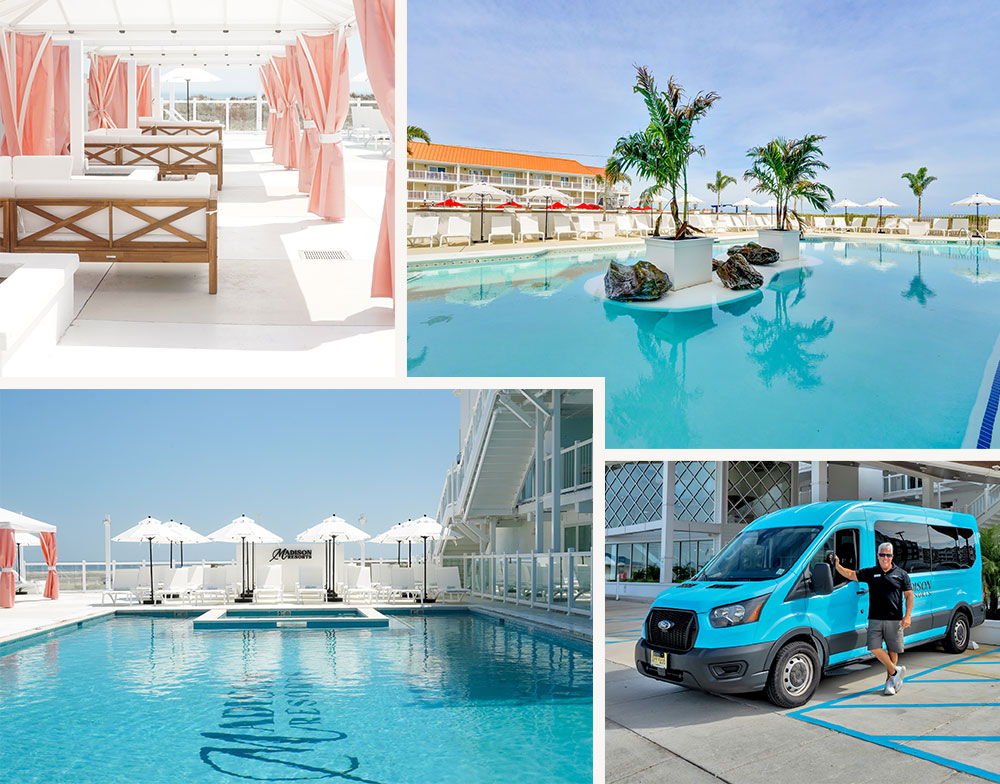 Madison Resorts Wildwood Crest Image Collage of the pools, the driving service, and the patio